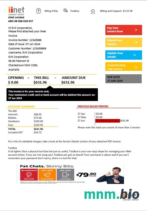 Australia iiNet utility bill szablon w formacie Word i PDF